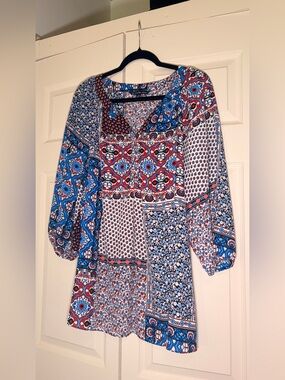 Zac & Rachel Patchwork V-Neck Long Sleeve - Blue & Red